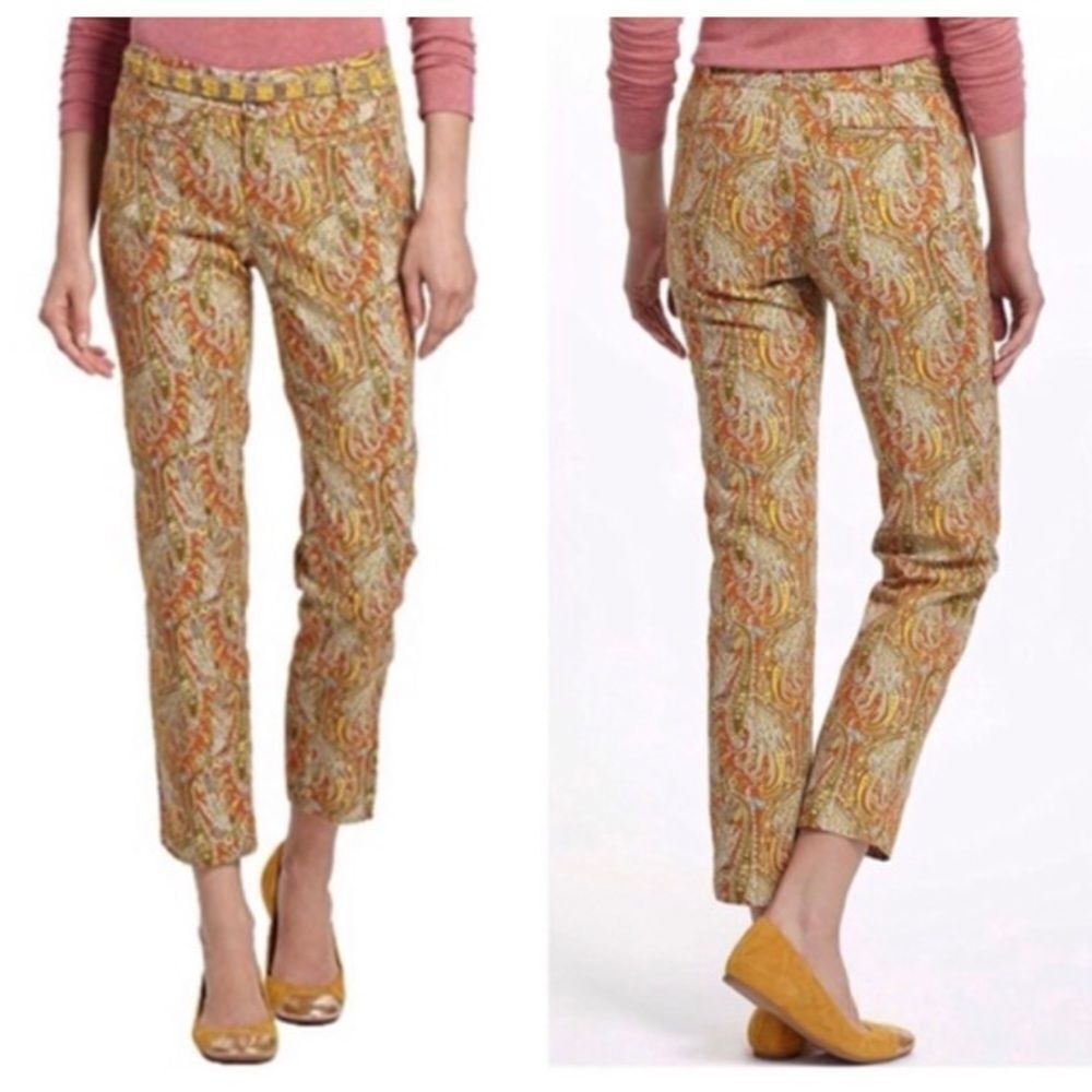 Cartonnier Anthropologie orange paisley cropped slim pants